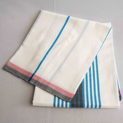 Bariq Handloom – White with Blue and Black Stripes (BH031)