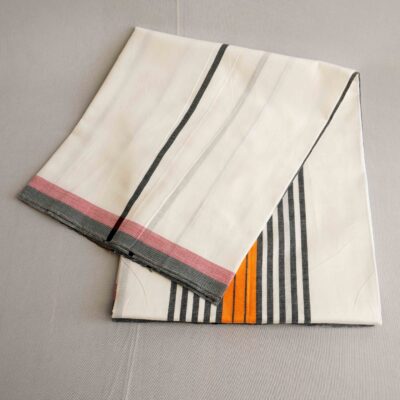 Bariq Handloom – White with Orange and Black Stripes (BH033)
